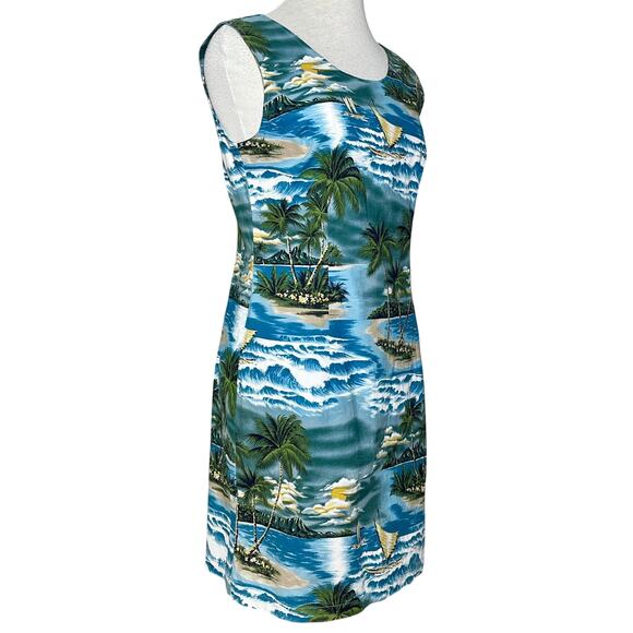 Vintage Hawaii Dress SZ L Blue Green Boat Palm Design - Picture 1 of 7